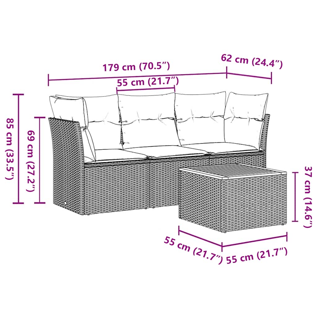4 pcs conjunto sofás p/ jardim c/ almofadões vime PE cinzento