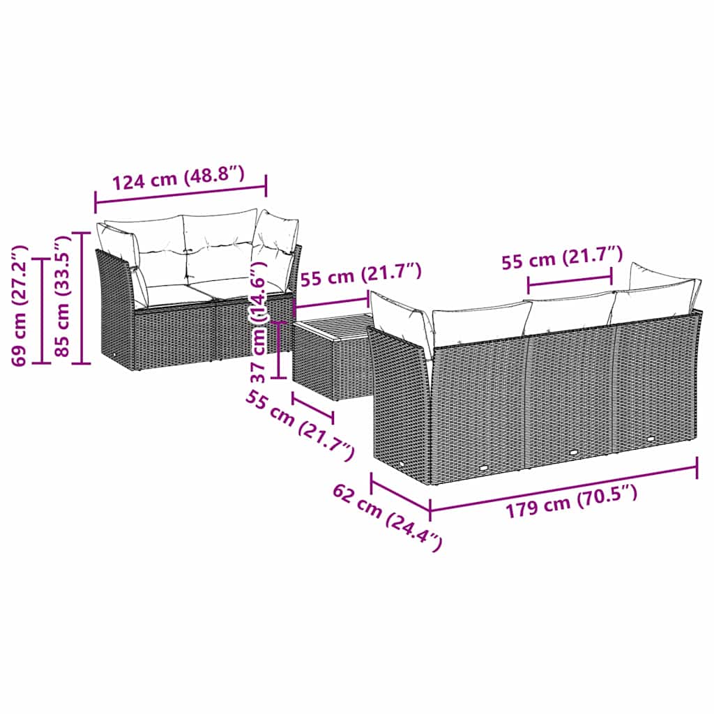 6 pcs conjunto sofás de jardim c/ almofadões vime PE preto