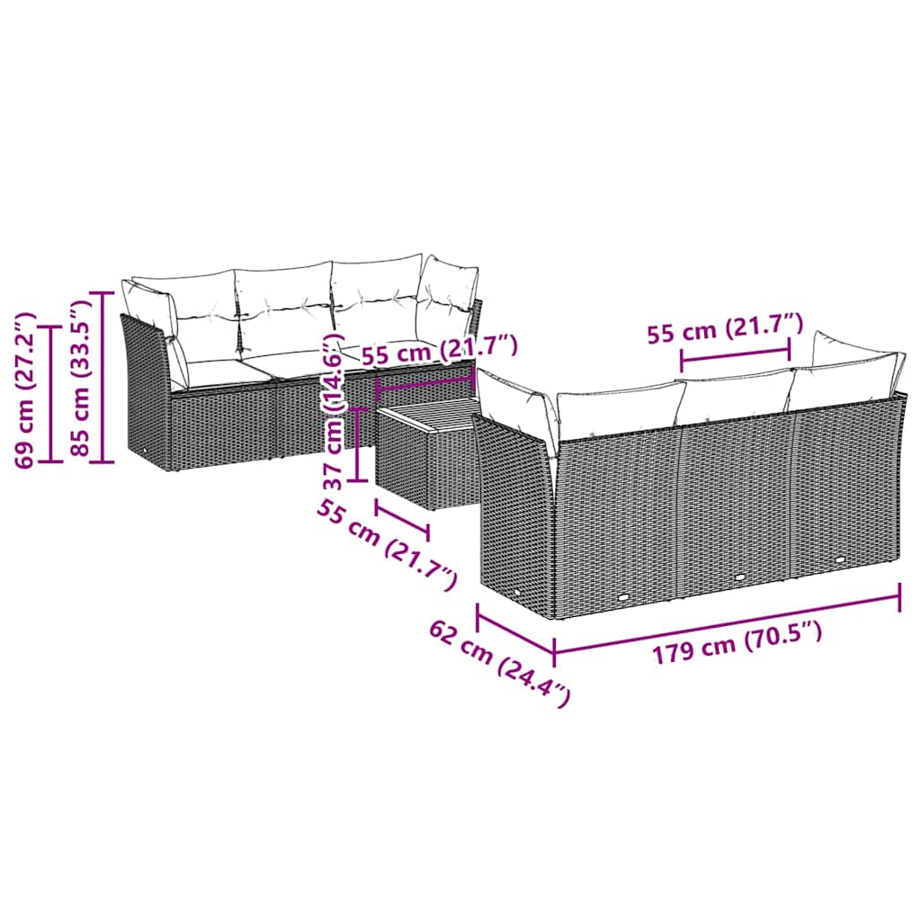 7 pcs conjunto de sofás p/ jardim c/ almofadões vime PE preto