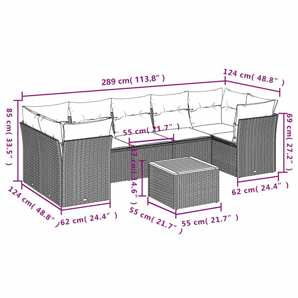 8 pcs conjunto sofás p/ jardim c/ almofadões vime PE cinzento