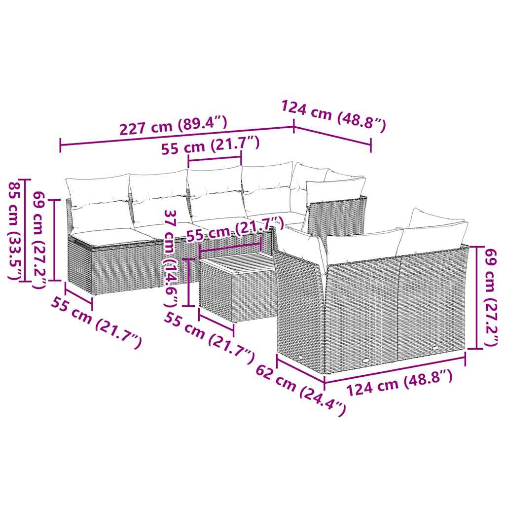 8 pcs conjunto sofás p/ jardim c/ almofadões vime PE cinzento