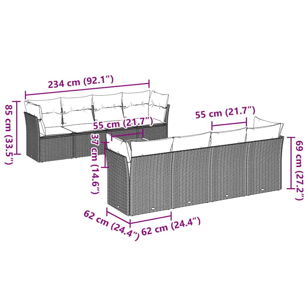 9 pcs conjunto sofás p/ jardim c/ almofadões vime PE cinzento