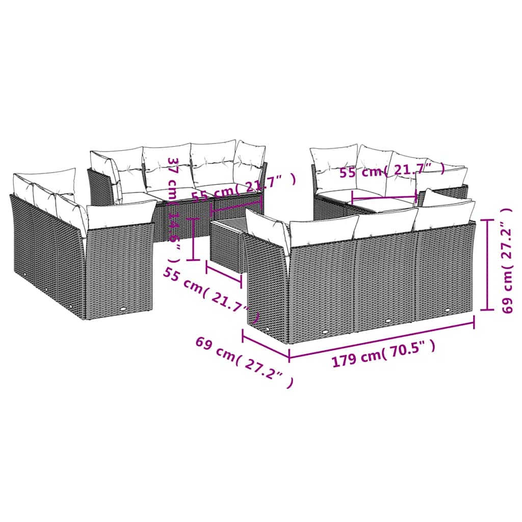13 pcs conjunto sofás p/ jardim c/ almofadões vime PE cinzento