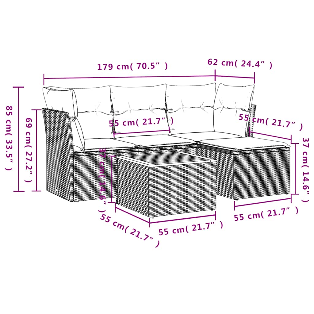 5 pcs conjunto sofás de jardim com almofadões vime PE preto