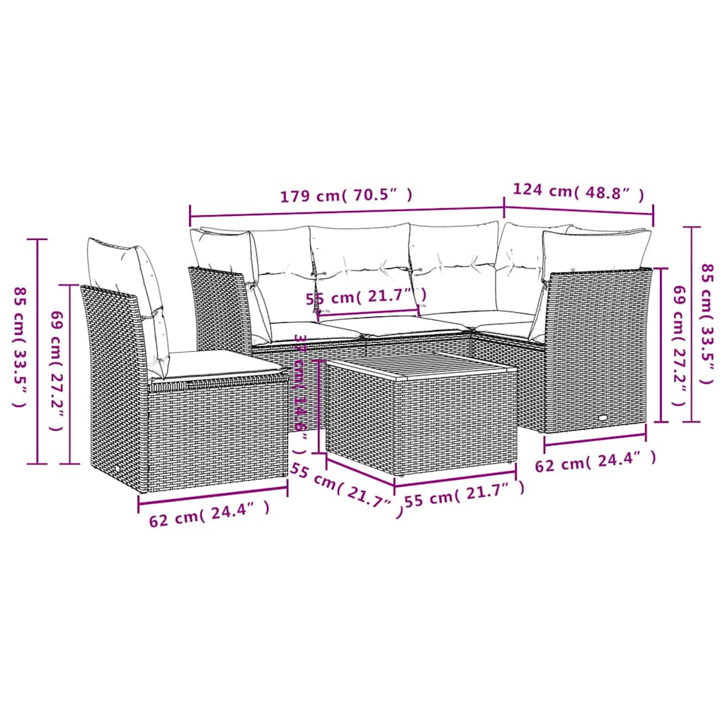 6 pcs conjunto sofás p/ jardim c/ almofadões vime PE cinzento