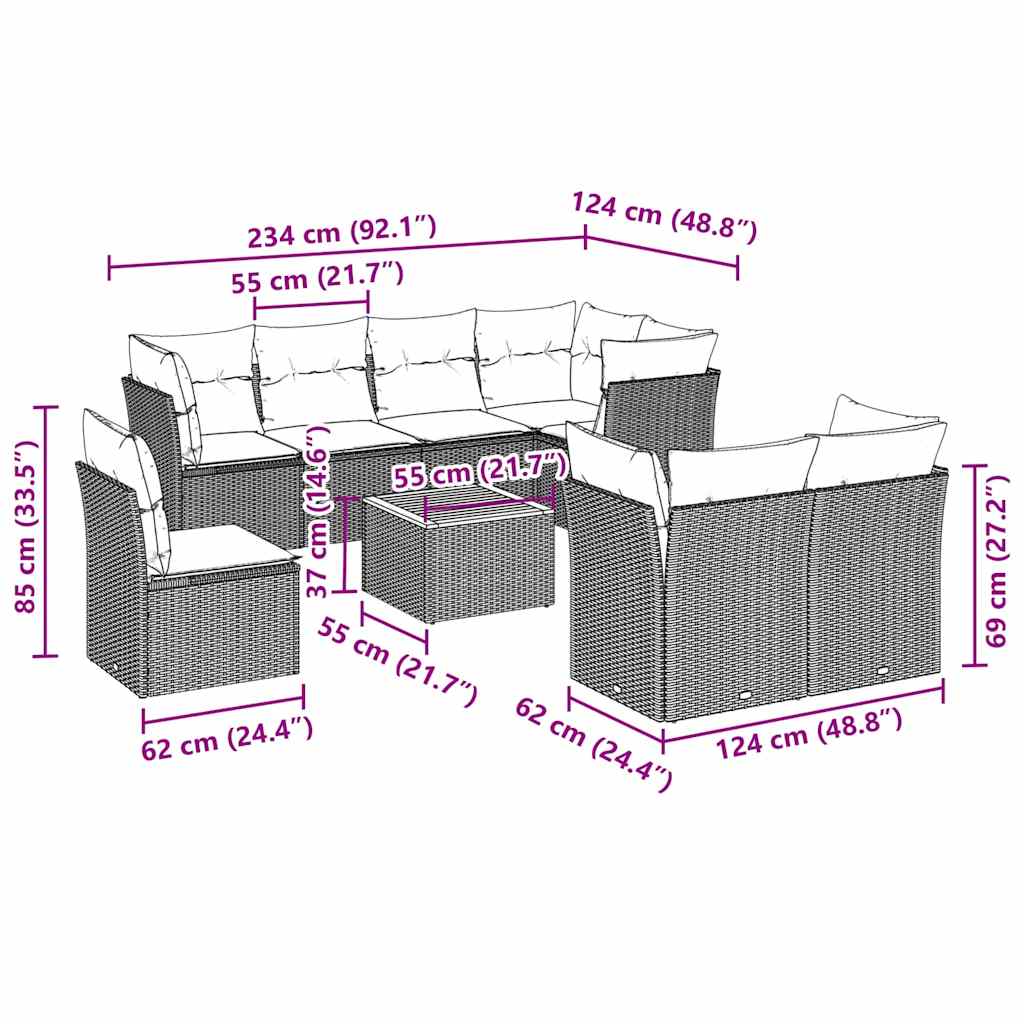 9 pcs conjunto de sofás p/ jardim c/ almofadões vime PE preto