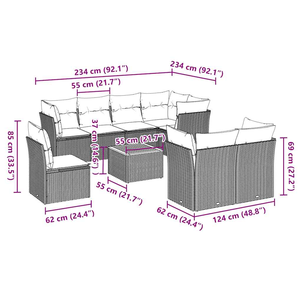 9 pcs conjunto sofás p/ jardim c/ almofadões vime PE cinzento