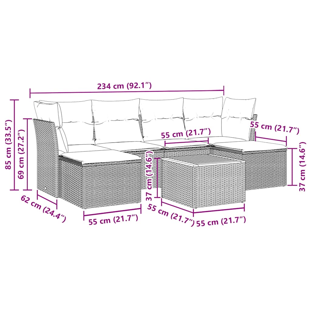 7 pcs conjunto de sofás p/ jardim c/ almofadões vime PE preto