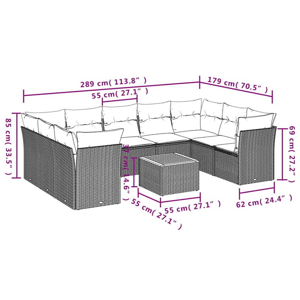 10 pcs conjunto sofás de jardim c/ almofadões vime PE preto