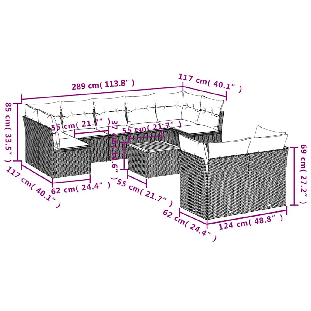 10 pcs conjunto sofás de jardim c/ almofadões vime PE preto