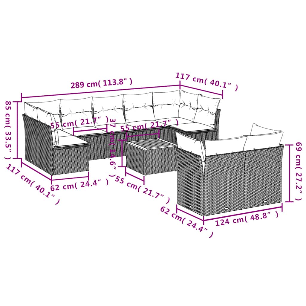 10 pcs conjunto sofás p/ jardim c/ almofadões vime PE cinzento
