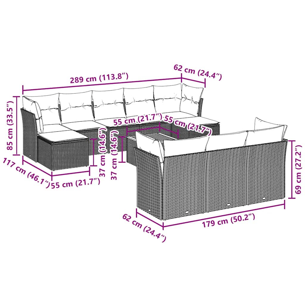 11 pcs conjunto sofás de jardim c/ almofadões vime PE preto
