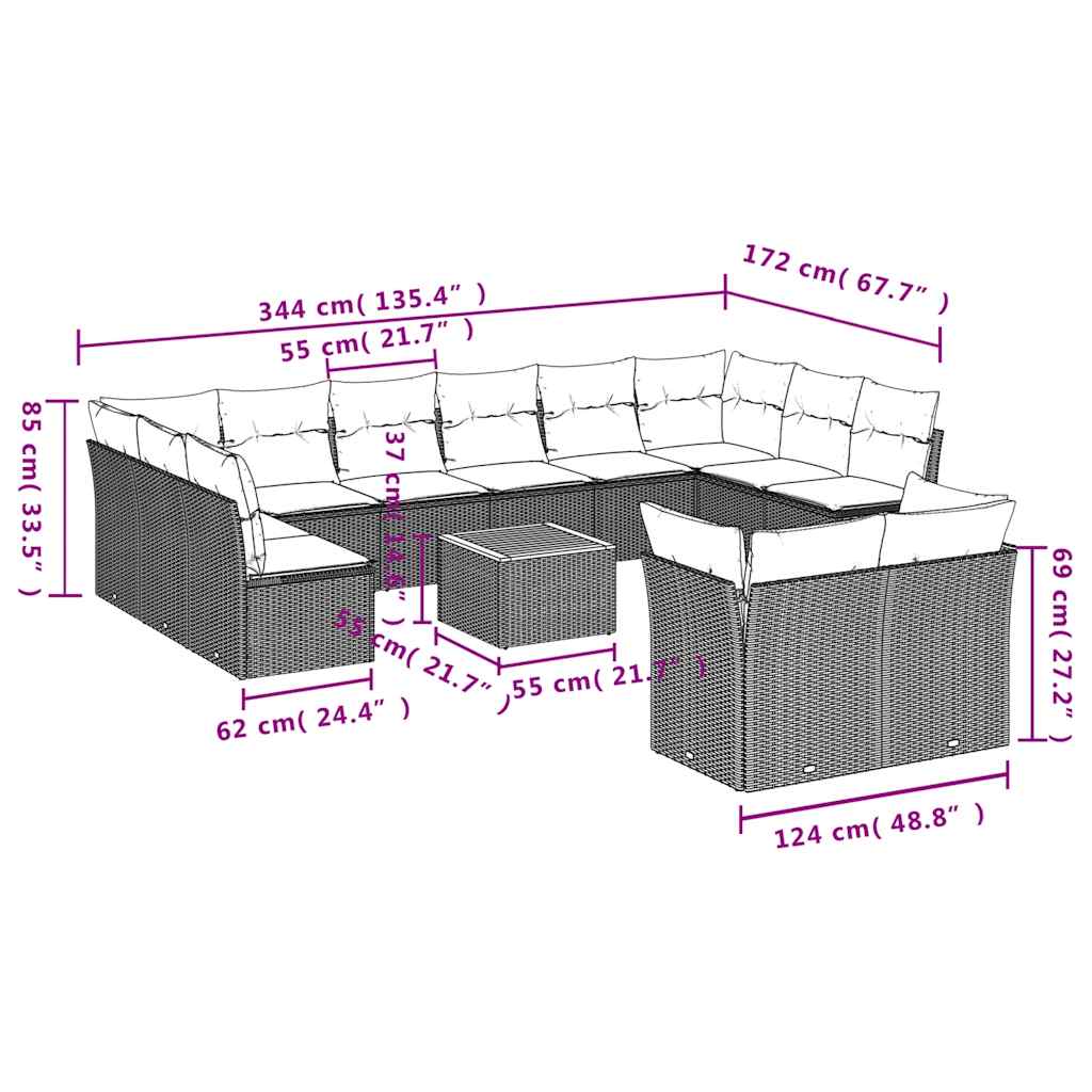 13 pcs conjunto sofás p/ jardim c/ almofadões vime PE cinzento
