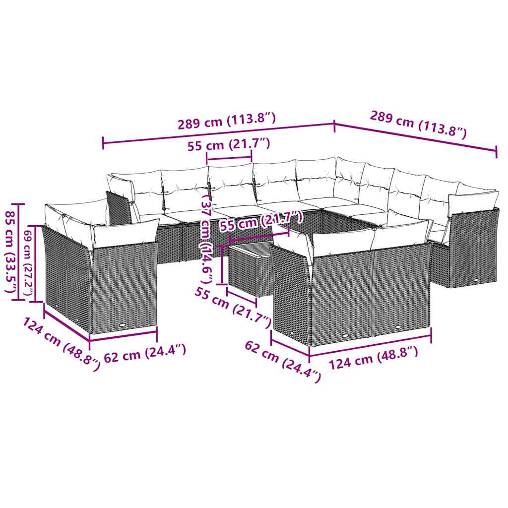 14 pcs conjunto sofás p/ jardim c/ almofadões vime PE cinzento
