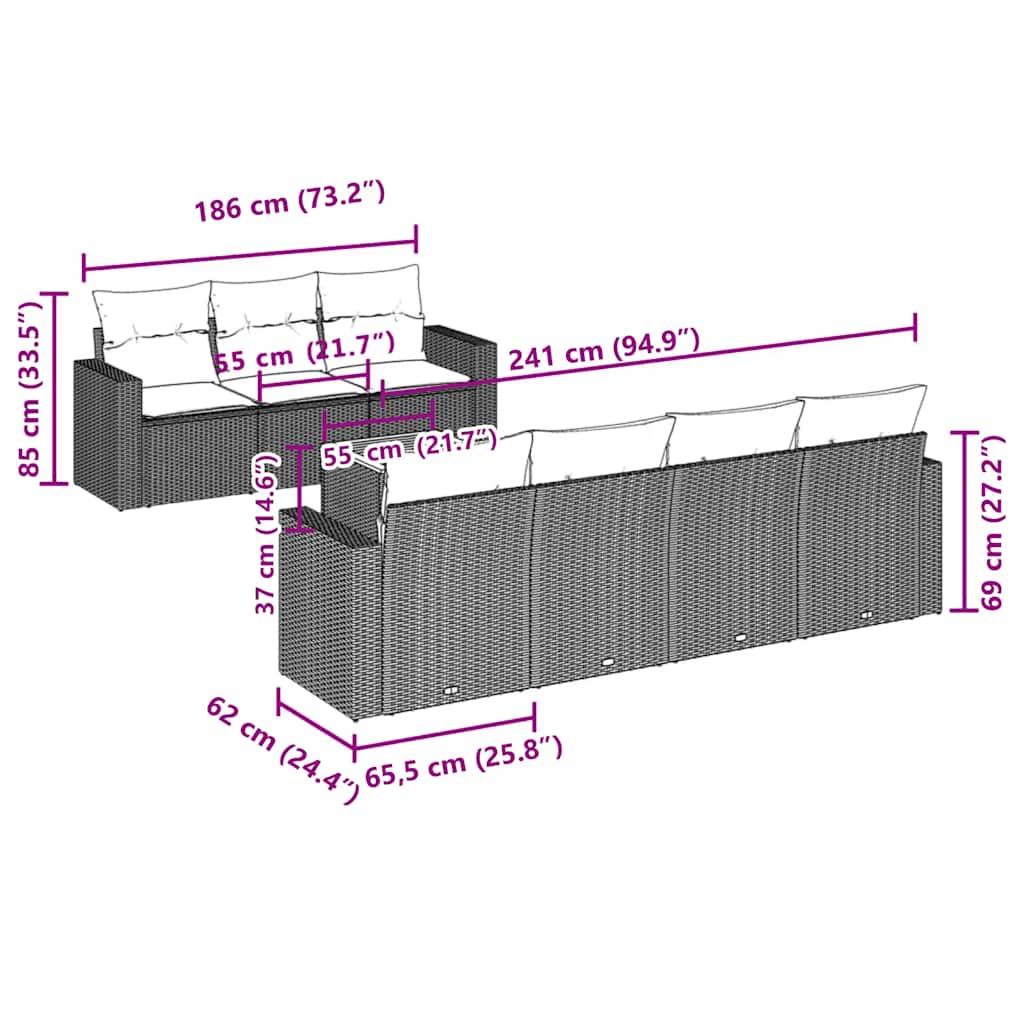 8 pcs conjunto sofás p/ jardim c/ almofadões vime PE cinzento