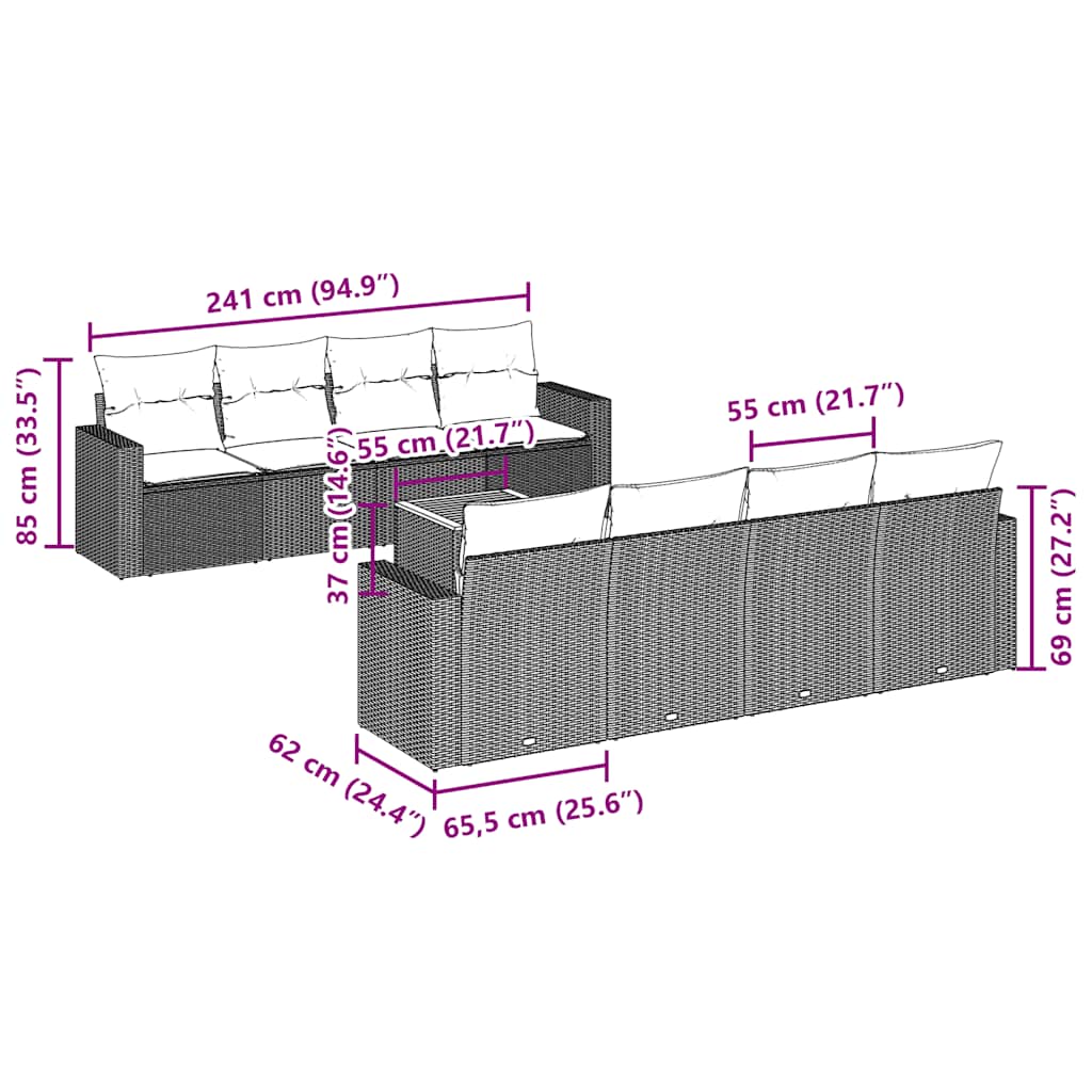 9 pcs conjunto de sofás p/ jardim c/ almofadões vime PE preto