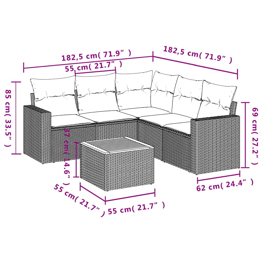 6 pcs conjunto sofás p/ jardim c/ almofadões vime PE cinzento