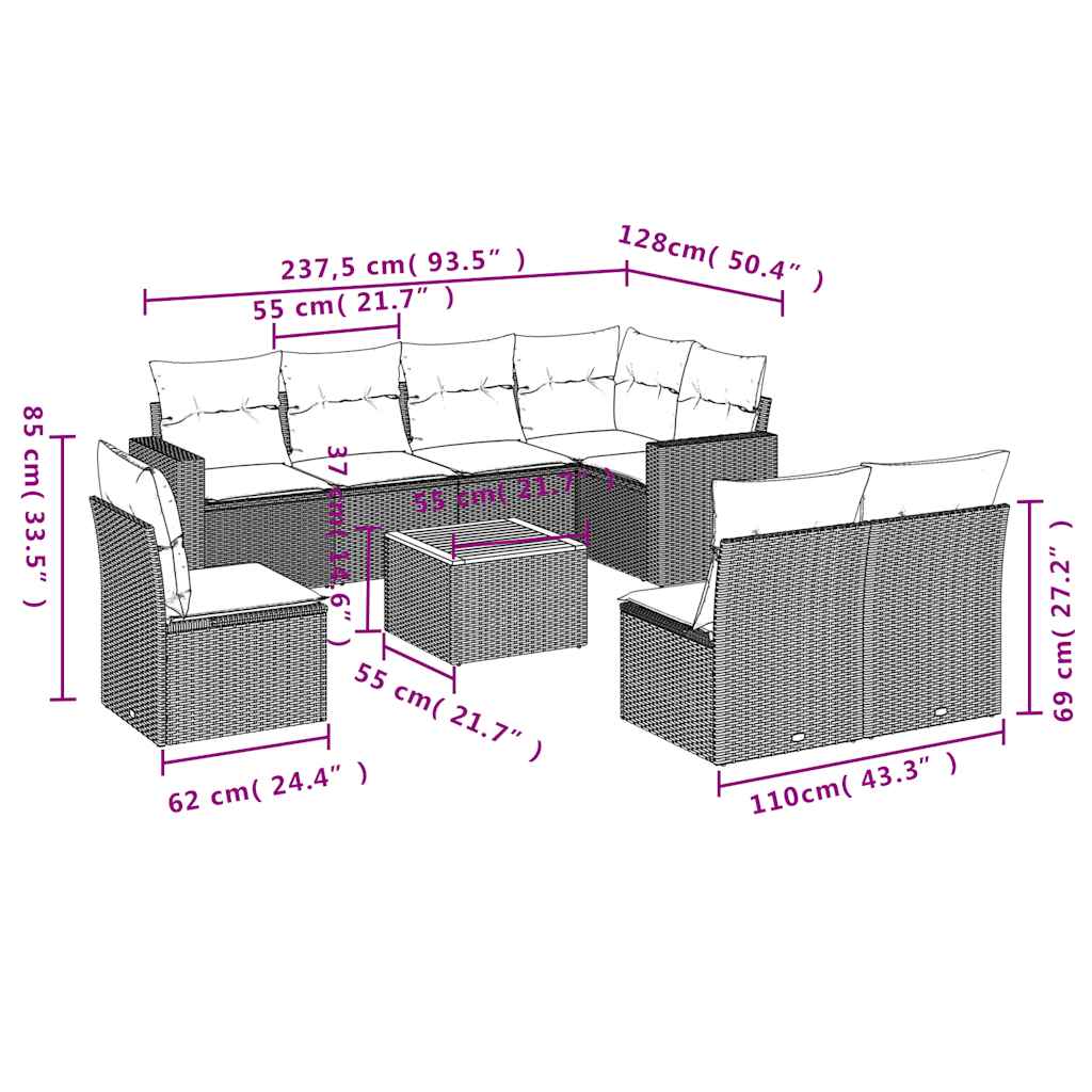9 pcs conjunto sofás p/ jardim c/ almofadões vime PE cinzento