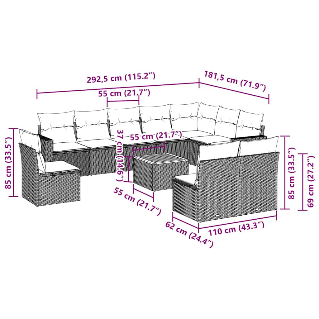 11 pcs conjunto sofás de jardim c/ almofadões vime PE preto