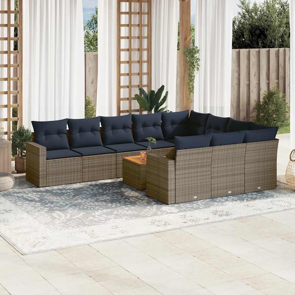 11 pcs conjunto sofás de jardim c/ almofadões vime PE cinzento