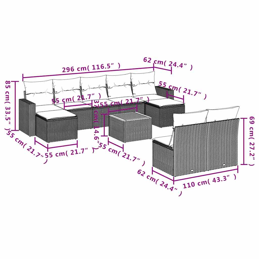 10 pcs conjunto sofás de jardim c/ almofadões vime PE preto