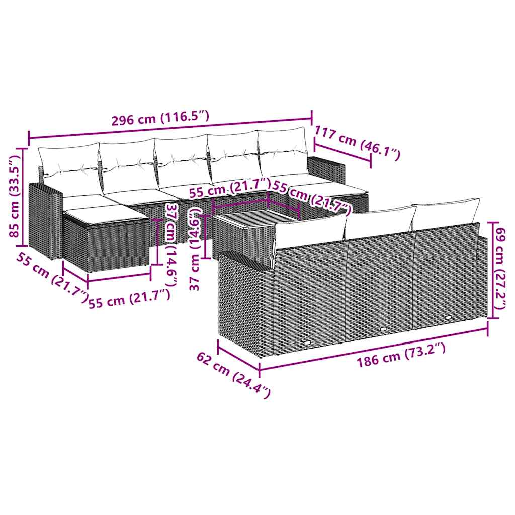 11 pcs conjunto sofás de jardim c/ almofadões vime PE preto