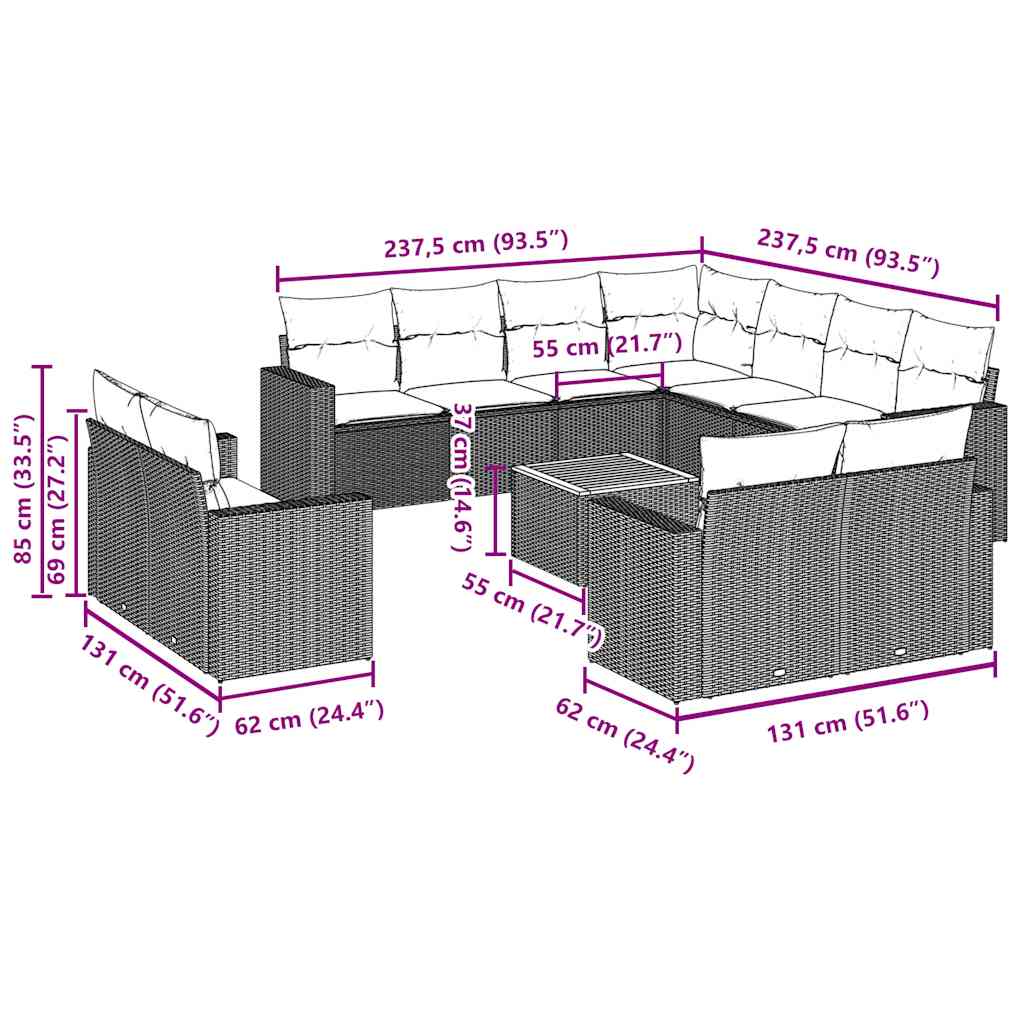 12 pcs conjunto de sofás de jardim c/ almofadões vime PE preto