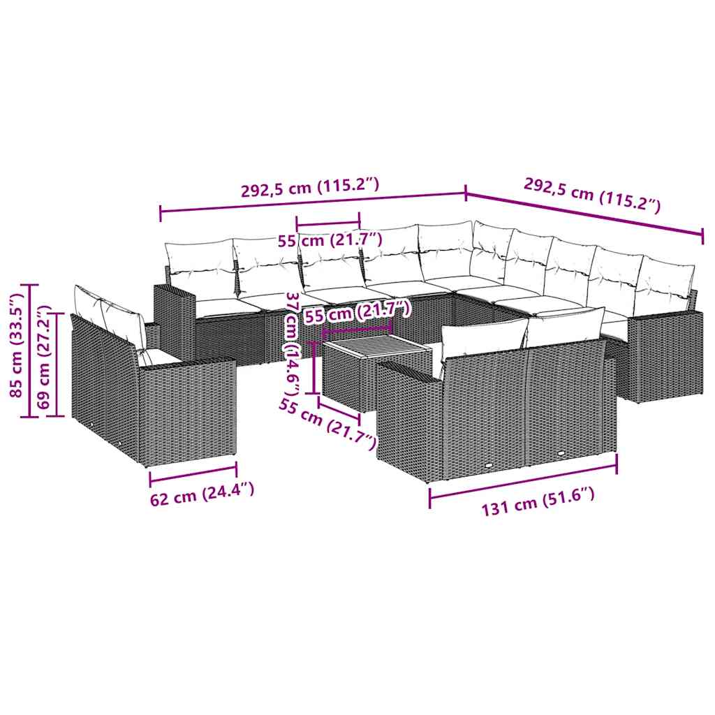14 pcs conjunto de sofás p/ jardim c/ almofadões vime PE preto