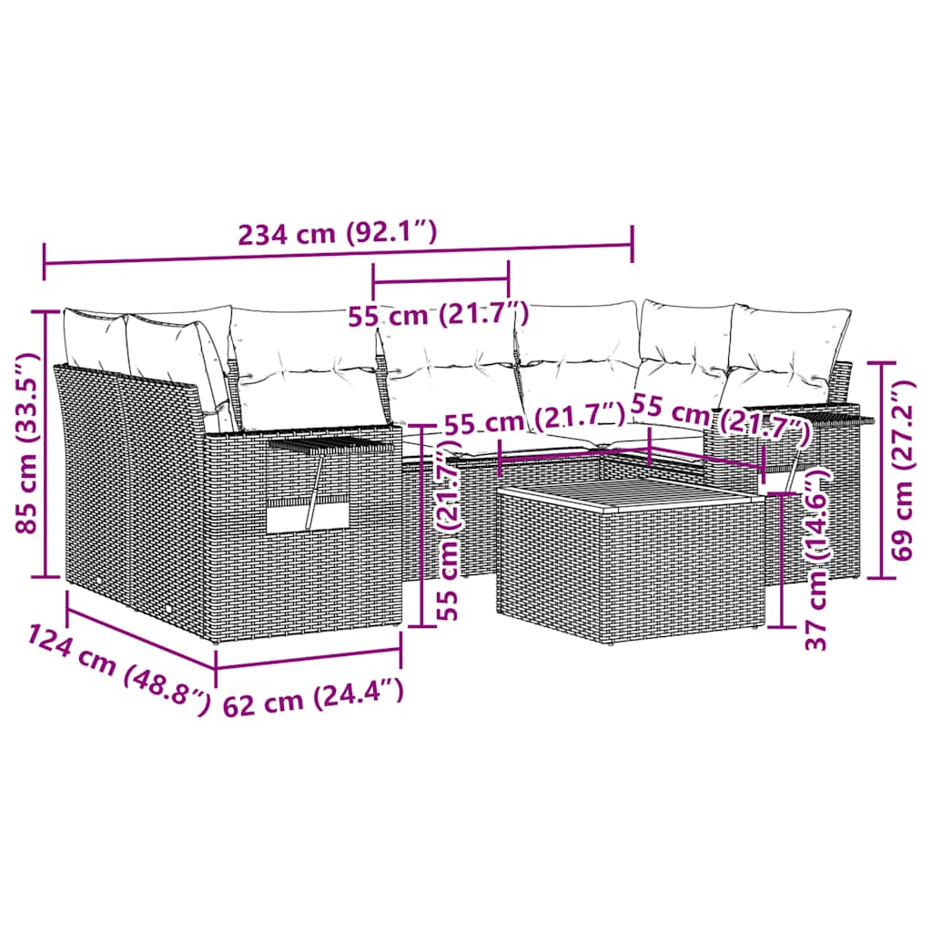 7 pcs conjunto de sofás p/ jardim c/ almofadões vime PE preto