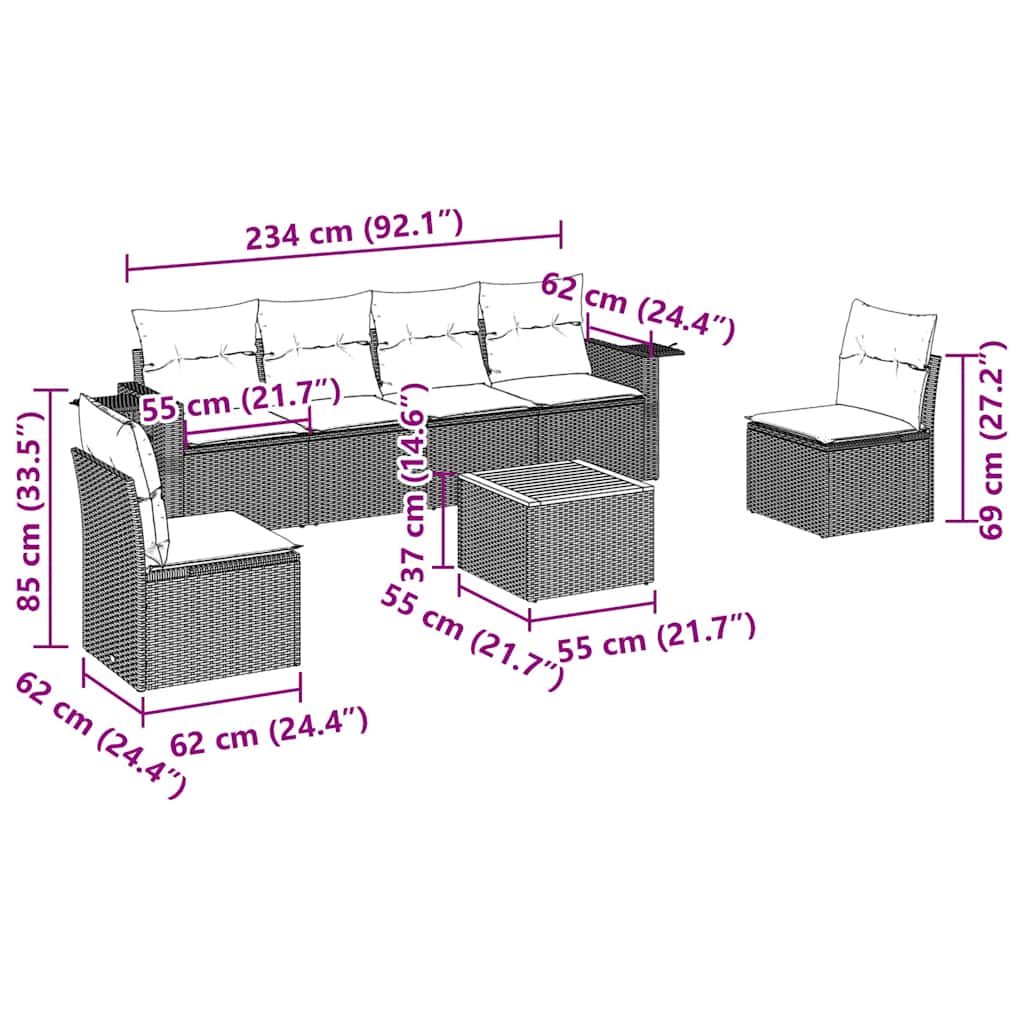7 pcs conjunto de sofás p/ jardim c/ almofadões vime PE preto