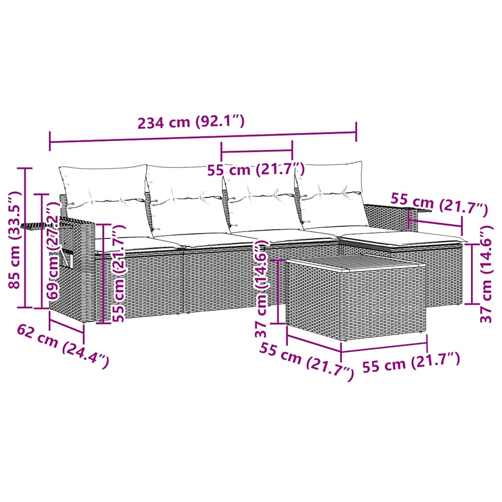 6 pcs conjunto sofás de jardim c/ almofadões vime PE preto