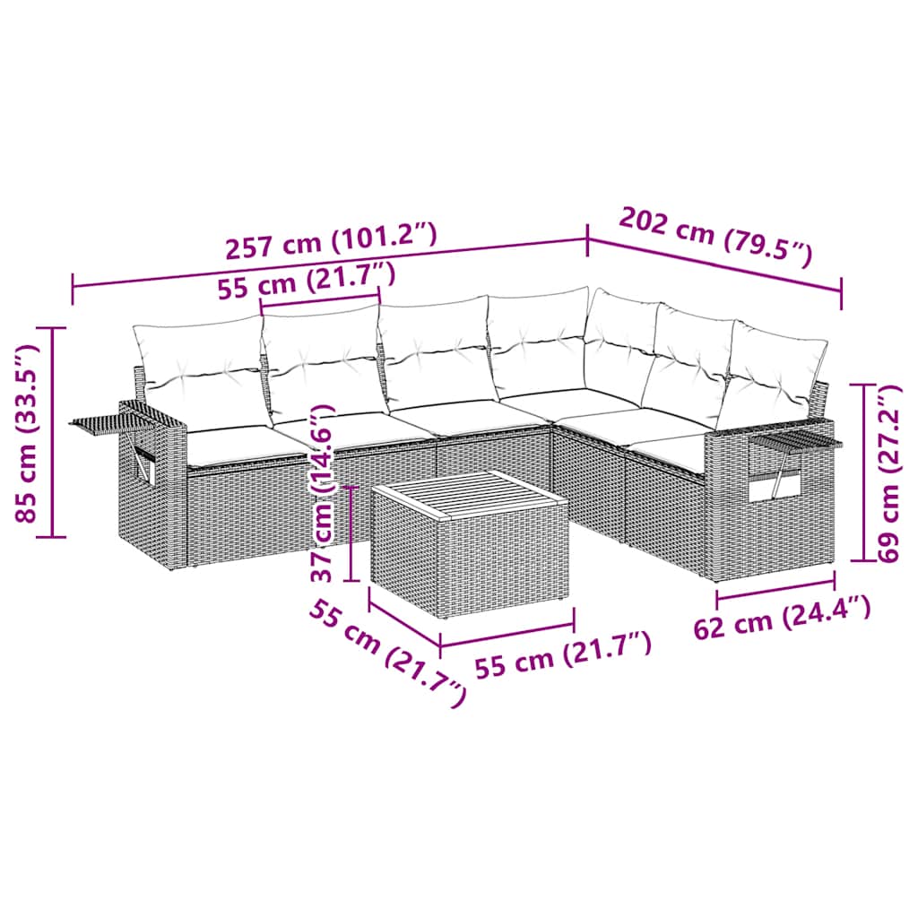 7 pcs conjunto de sofás p/ jardim c/ almofadões vime PE preto