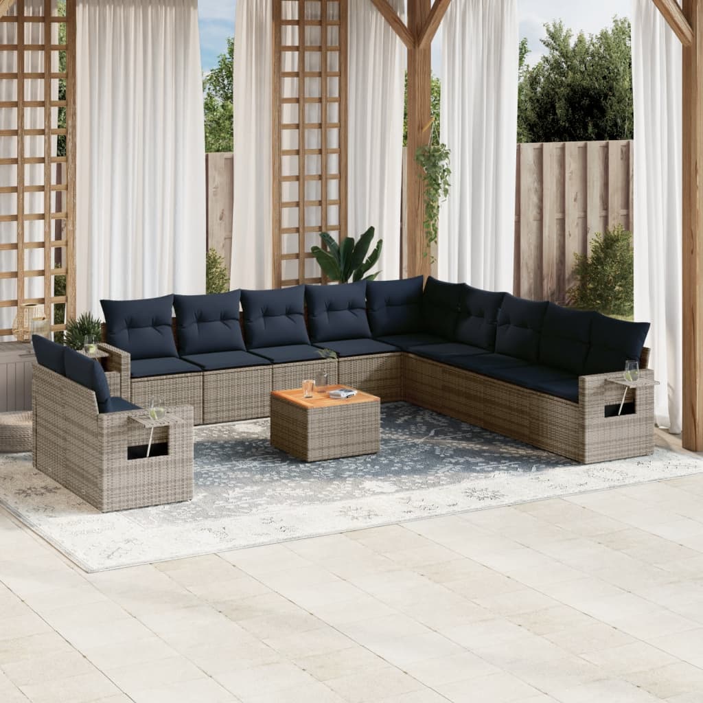 12 pcs conjunto sofás p/ jardim c/ almofadões vime PE cinzento