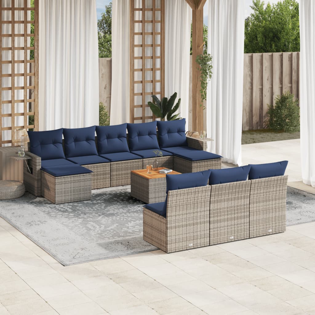 11 pcs conjunto sofás de jardim c/ almofadões vime PE cinzento