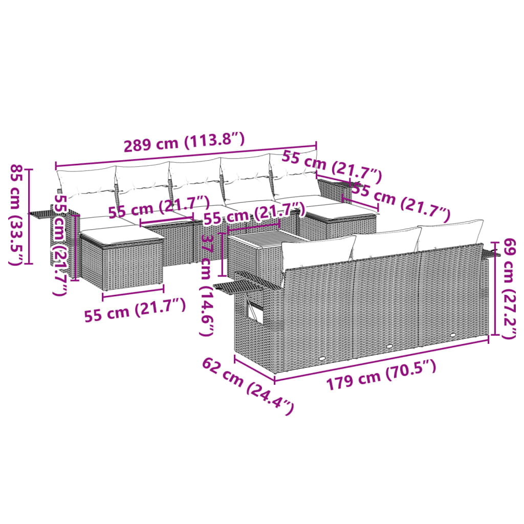 11 pcs conjunto sofás de jardim c/ almofadões vime PE preto