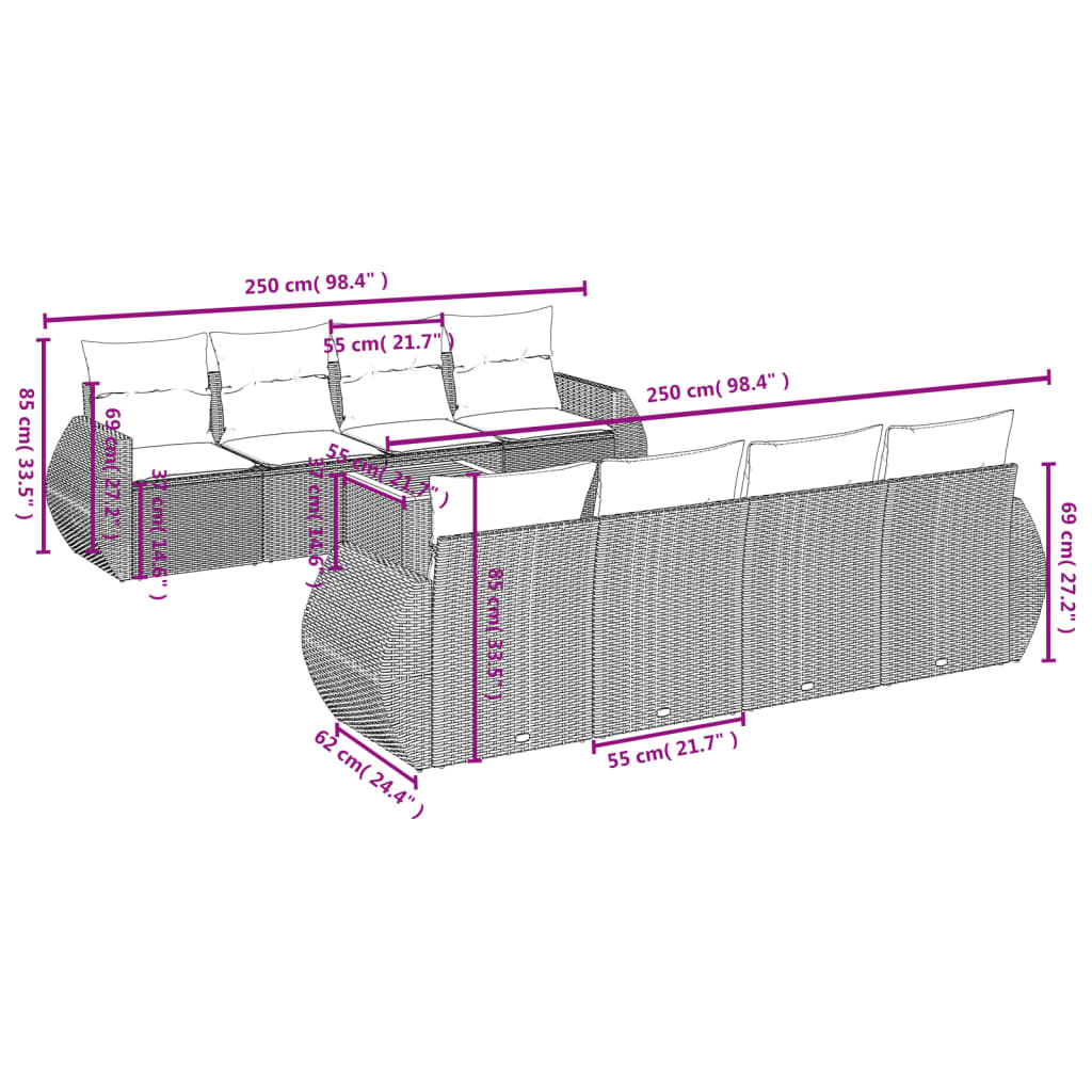 9 pcs conjunto de sofás p/ jardim com almofadões vime PE bege