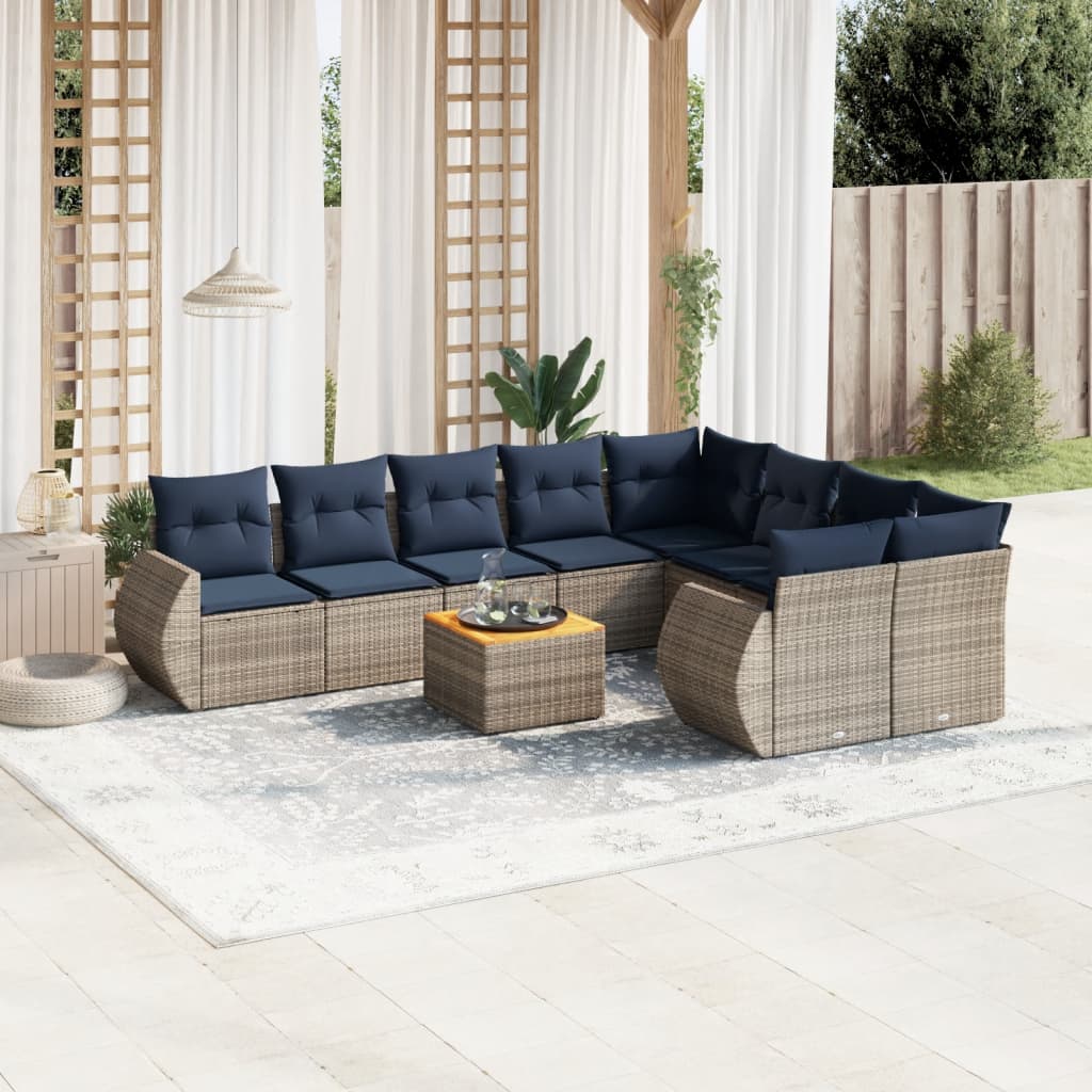 10 pcs conjunto sofás p/ jardim c/ almofadões vime PE cinzento