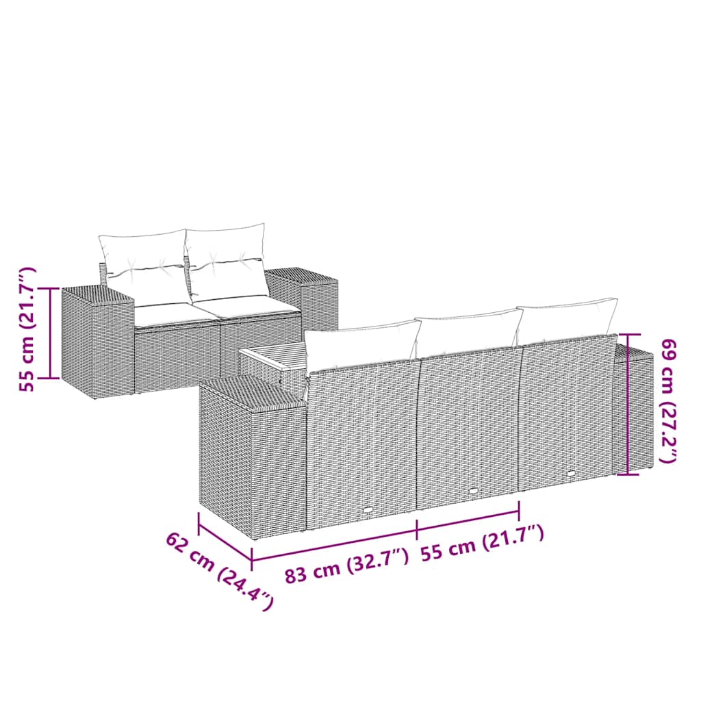 6 pcs conjunto sofás de jardim c/ almofadões vime PE preto