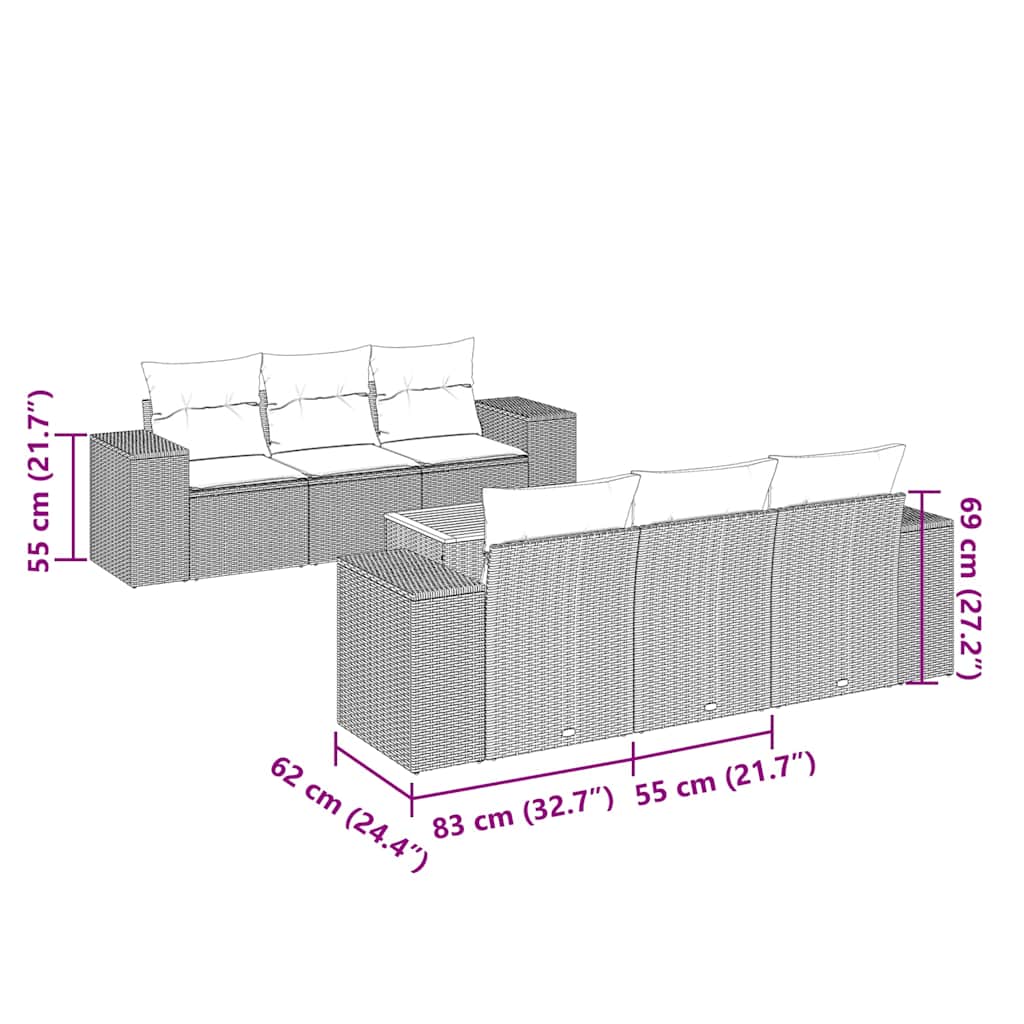 7 pcs conjunto de sofás p/ jardim c/ almofadões vime PE preto