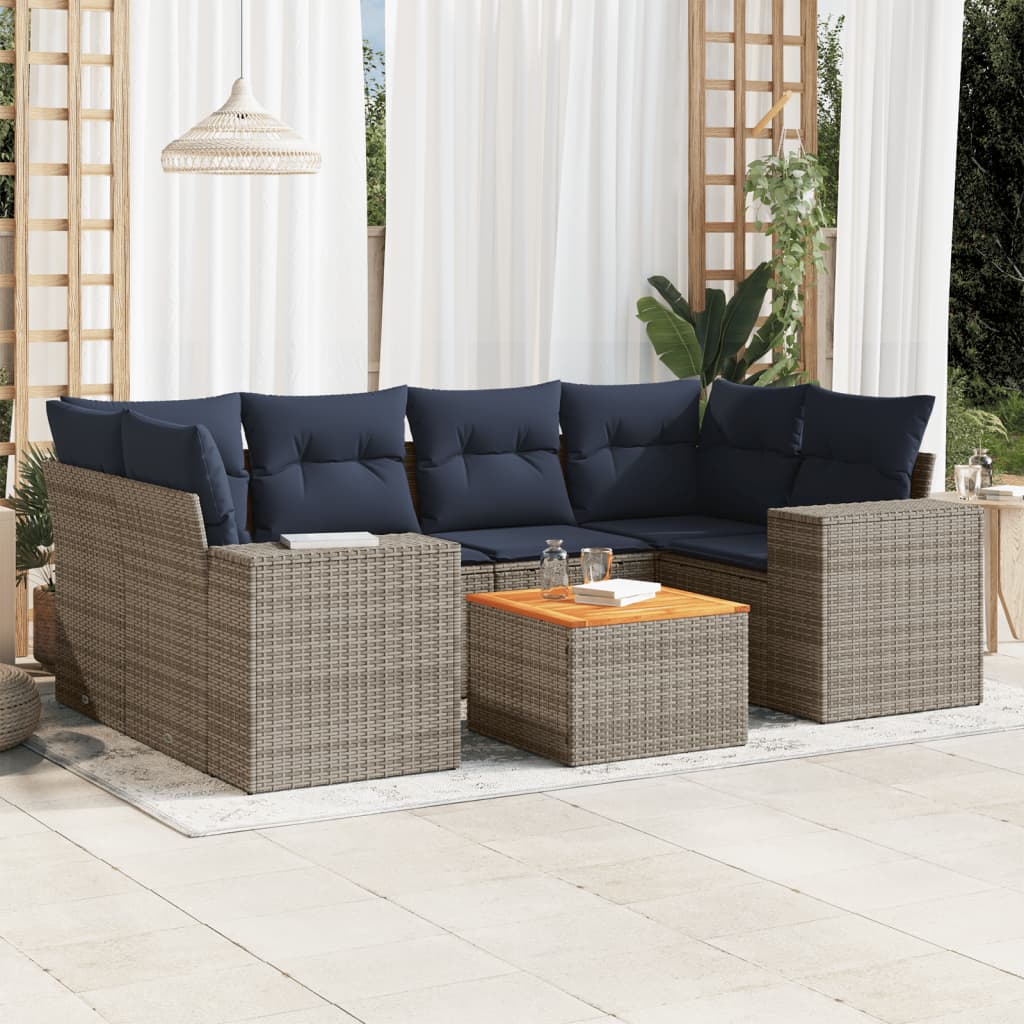 7 pcs conjunto sofás p/ jardim c/ almofadões vime PE cinzento