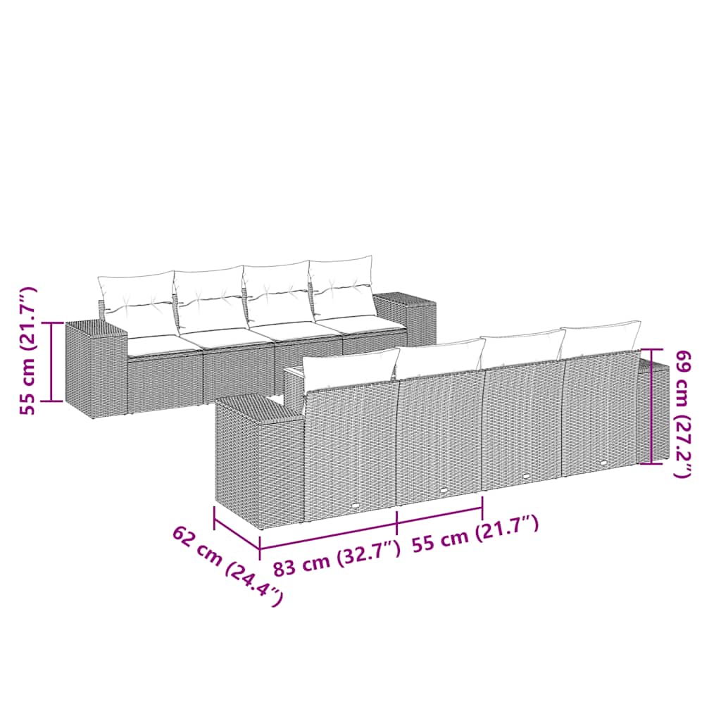 9 pcs conjunto de sofás p/ jardim c/ almofadões vime PE preto