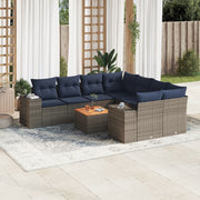 9 pcs conjunto sofás p/ jardim c/ almofadões vime PE cinzento