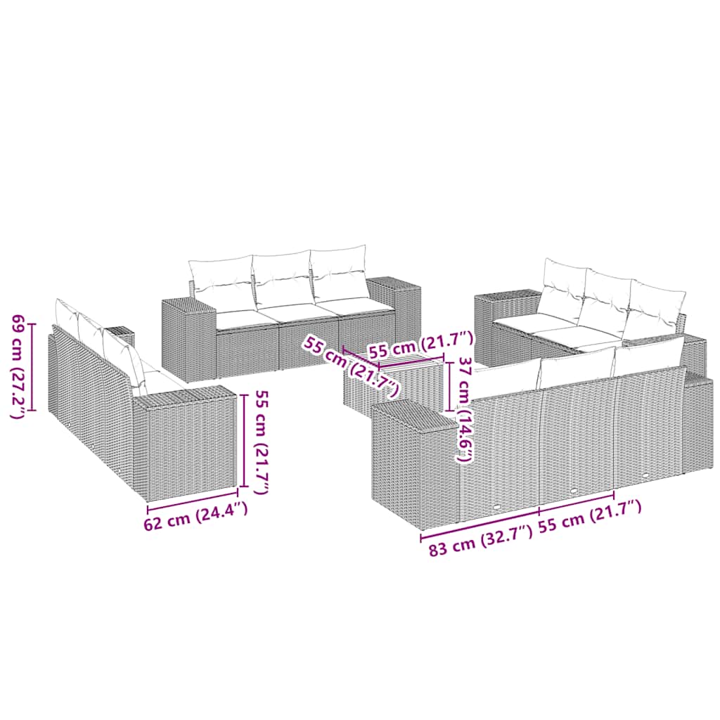 13 pcs conjunto de sofás de jardim com almofadões vime PE preto
