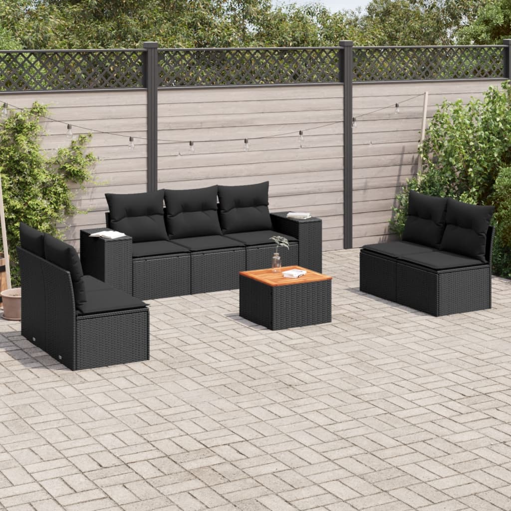 8 pcs conjunto sofás de jardim com almofadões vime PE preto