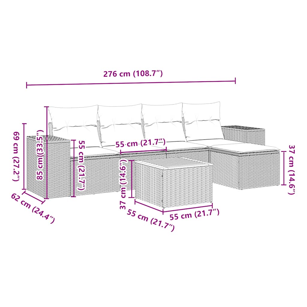 6 pcs conjunto sofás de jardim c/ almofadões vime PE preto