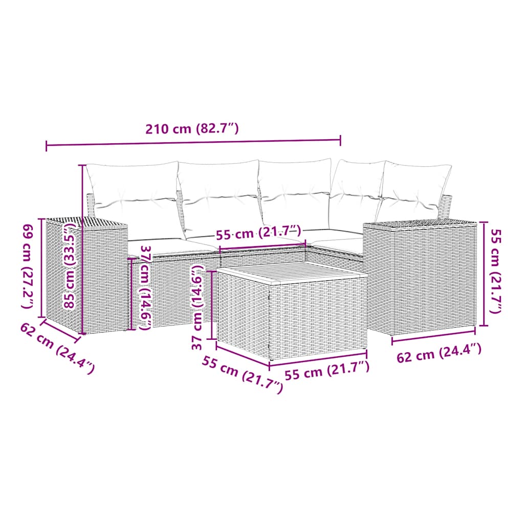 5 pcs conjunto sofás de jardim com almofadões vime PE preto