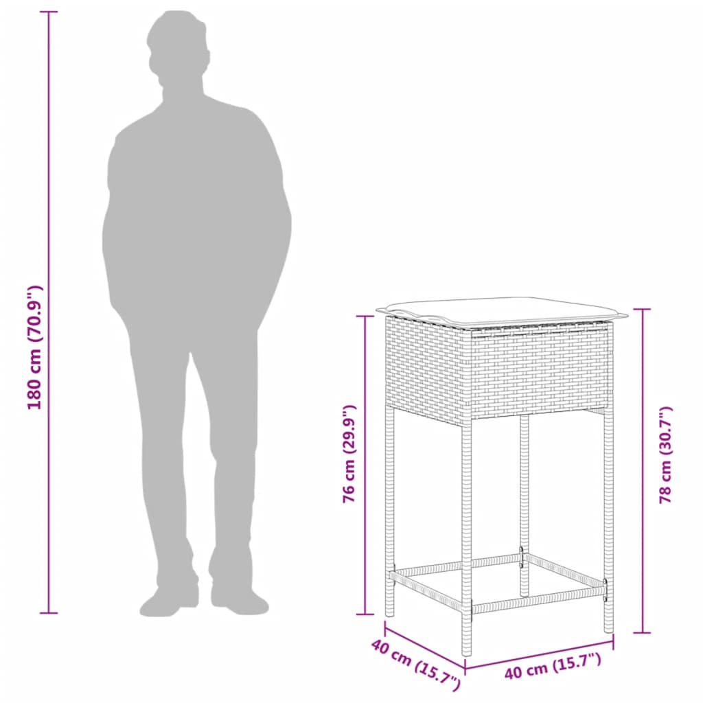 7 pcs conjunto de bar p/ jardim c/ almofadões vime PE cinzento