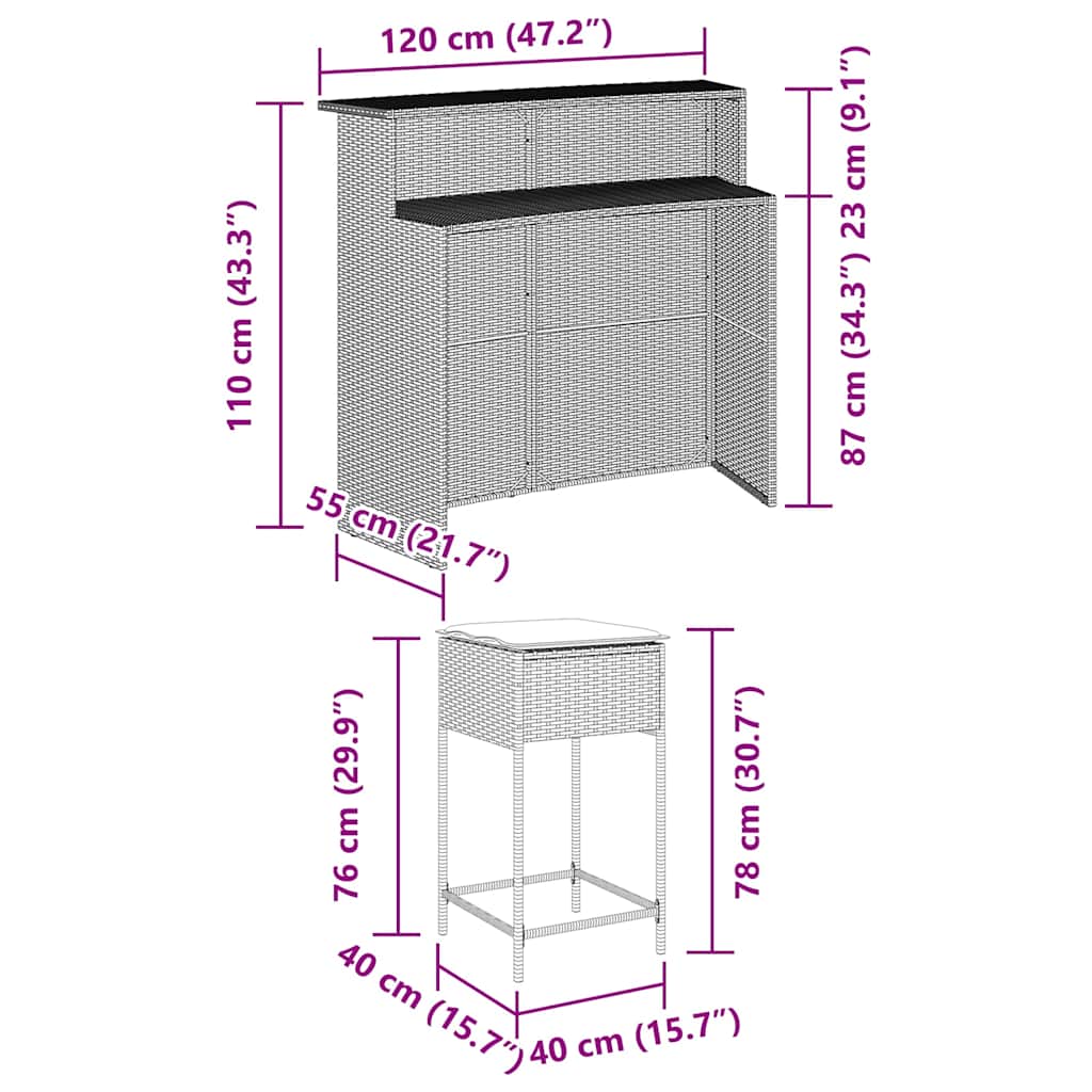 3 pcs conjunto de bar p/ jardim c/ almofadões vime PE cinzento