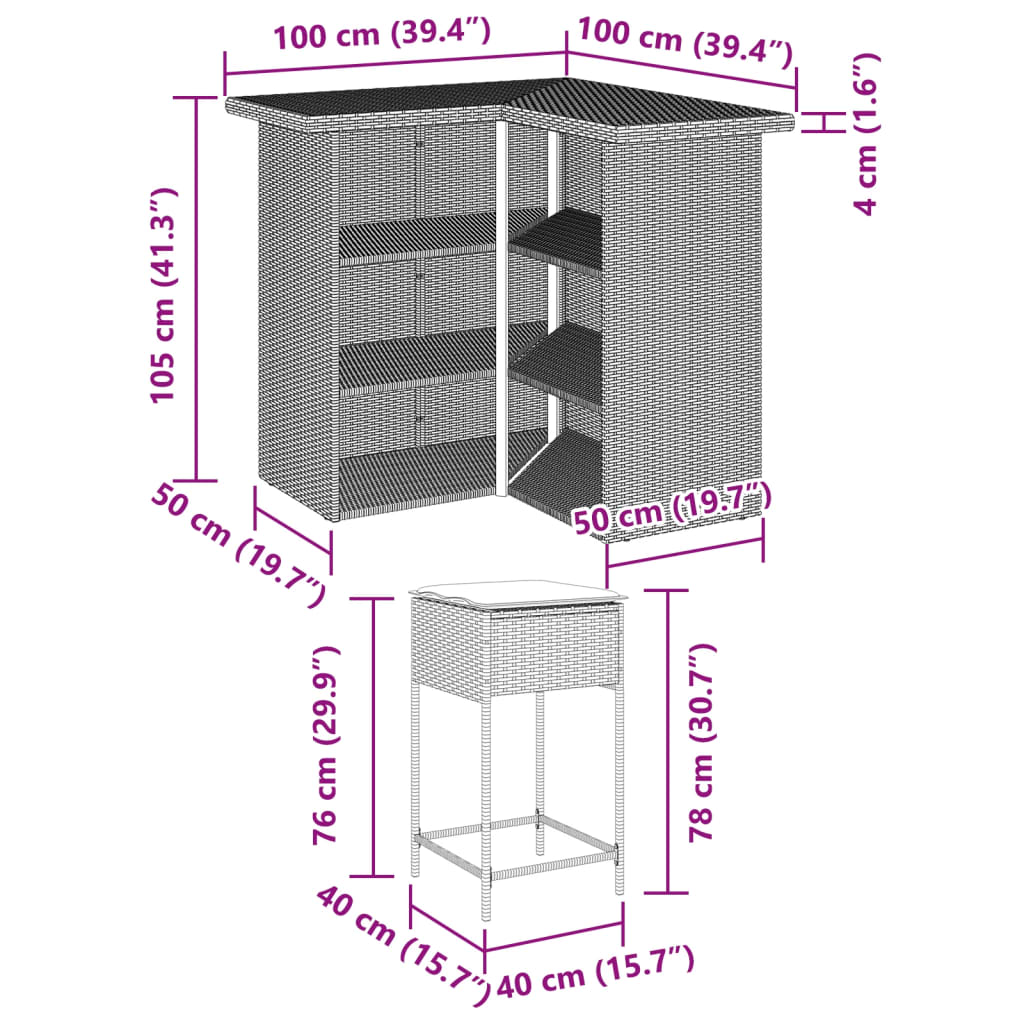 5 pcs conjunto de bar p/ jardim c/ almofadões vime PE cinzento