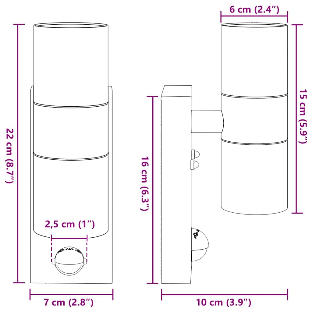 Luz de Parede para Exterior Preto 7 x 10 x 22 cm Aço inoxidável